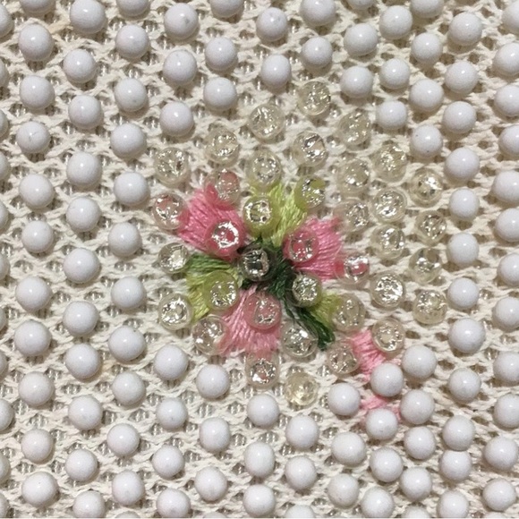 Vintage Frame Beaded Evening Bag, Ivory, Clear, Pink, Green Beading, Kiss Clasp - Picture 5 of 11